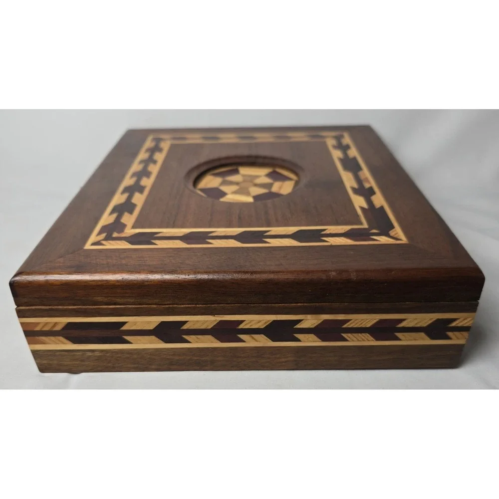 Vintage Wood Marquetry Wood Inlaid Box Jewlery Sewing Art Deco Trinket Storage